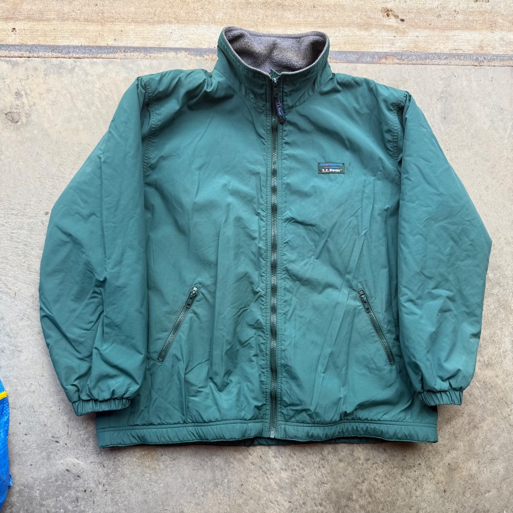 LL Bean Warm-Up Jacket Mens XL Green Fleece Lined Full Zip Nylon Shell Vintage